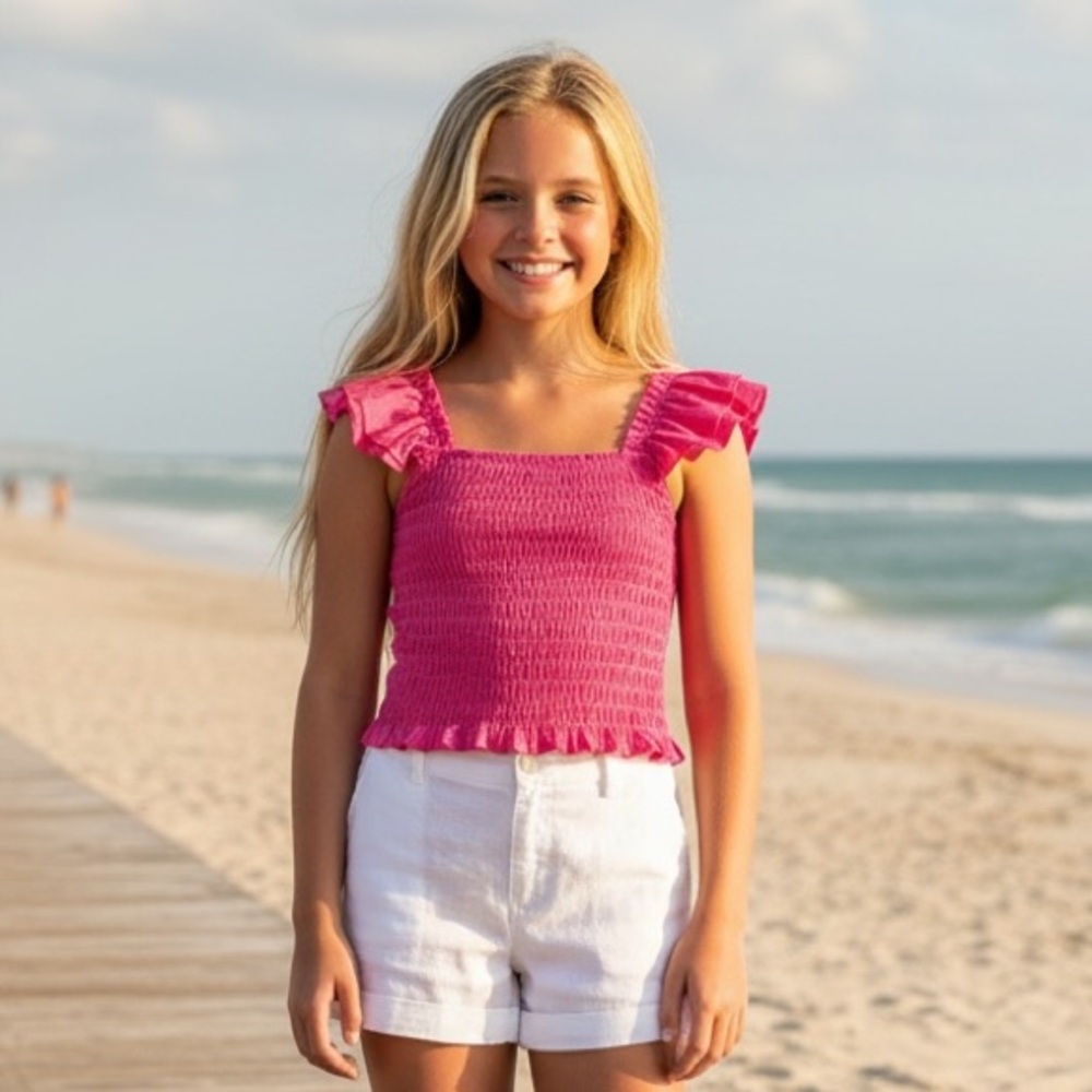 NWT KATIE J NYC Joanna Smocked Ruffle Shoulders Vacation Summer Resortwear Beach